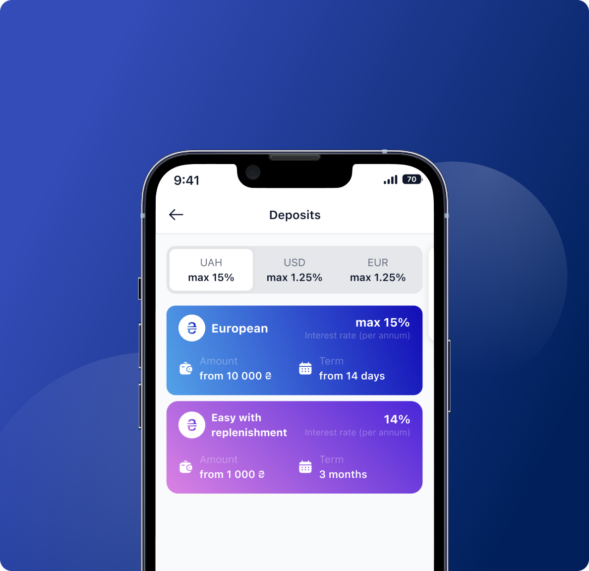 Winbank app UAH saving screen