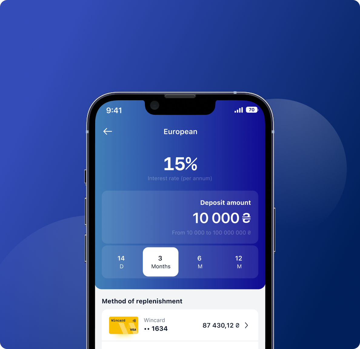 Winbank app deposit European details screen